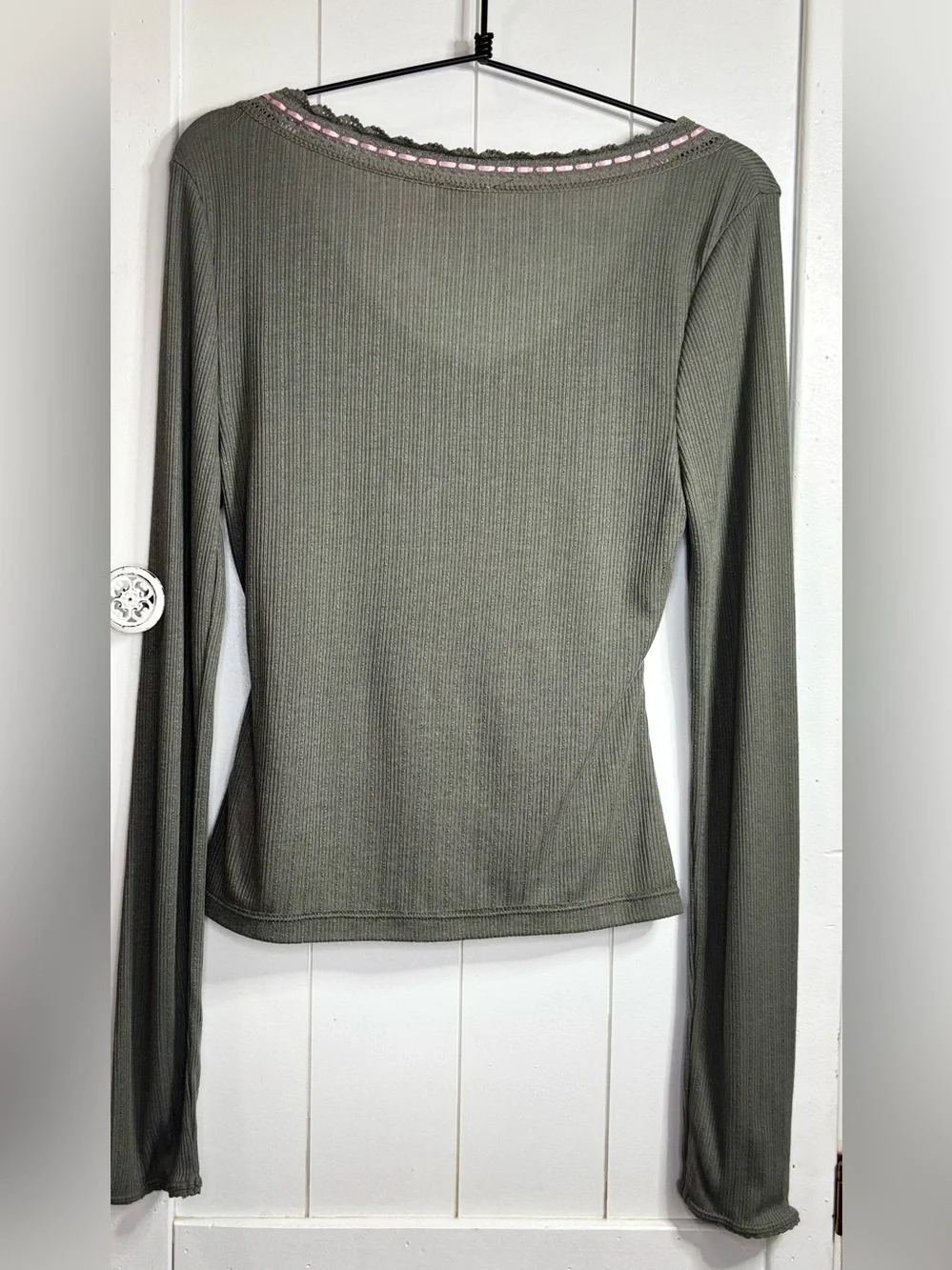 Free People Only You Ribbed Lace Trim Layer Top NWOT Medium Olive Green & Pink